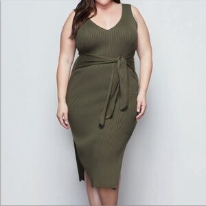 NWT Good American Rib Knit Tie Waist Midi Dress Sage Green Sz 2